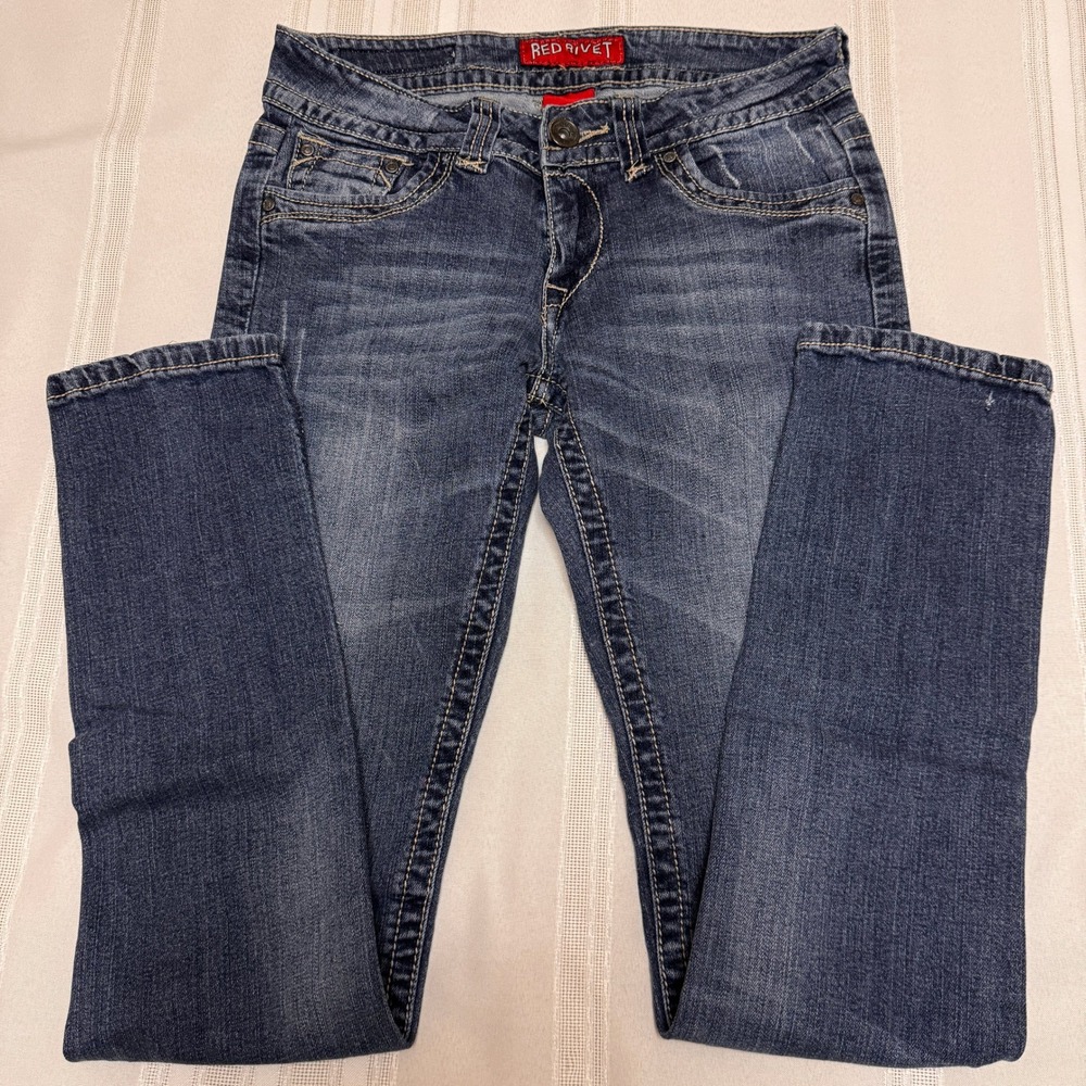 Red Rivet Womens Skinny Jeans Medium Wash Low Rise Flap Pocket Size 9 RN19747